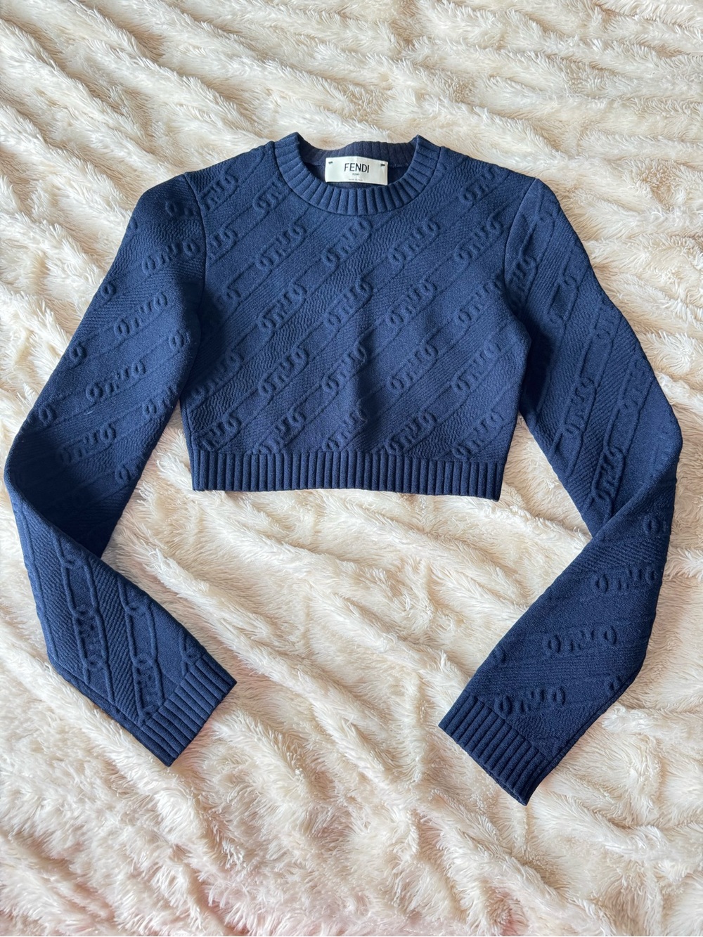 NWOT FENDI Navy Cropped Crewneck Knit Sweater- USA Size 4